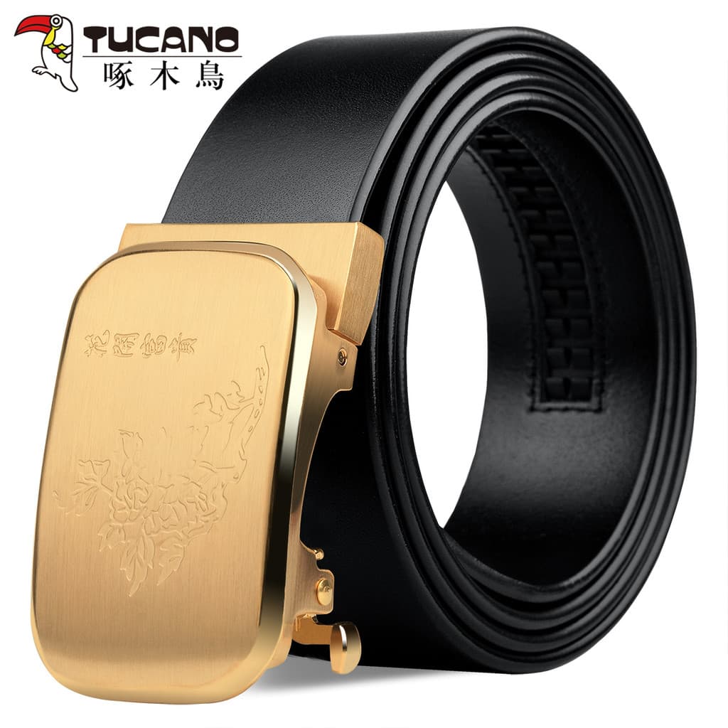 Woodpecker primeira camada de couro masculino cinto couro genuíno fivela automática fivela cobre Casual juventude cinto