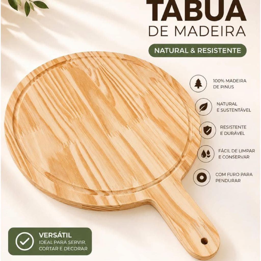 Tábua Redonda Multiuso para Pizza Frios Petiscos e Churrasco em Madeira