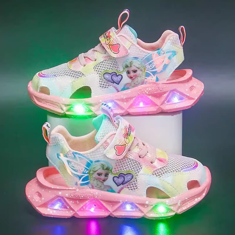 3 Elsa Sapatos Infantis Femininos 4 Luminosos Meninas Malha-vazamento Sapatos Fino Luz Piscando Feminino Bebê Menina San