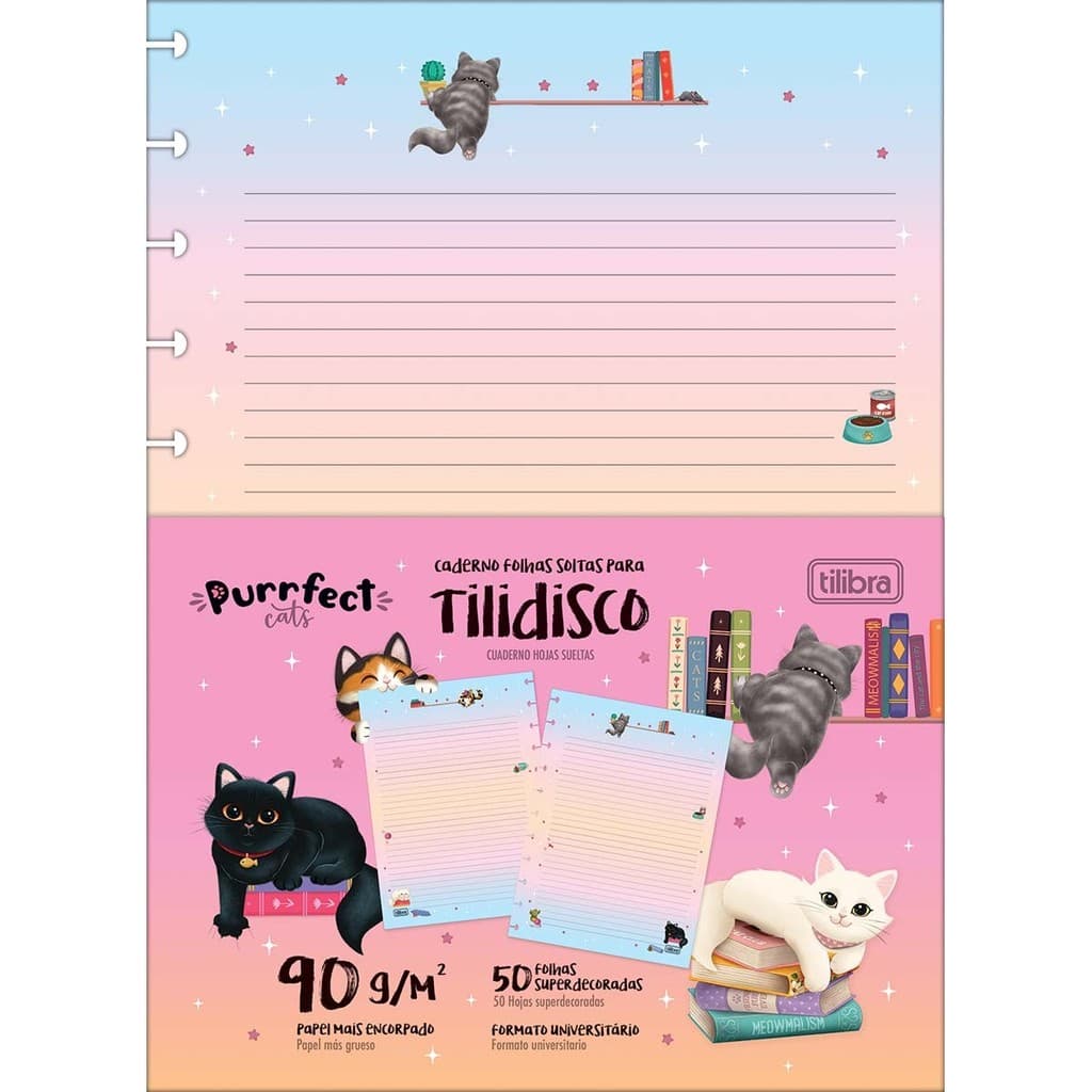 Refil Tilidisco Universitário 90g Purrfect Cats 50 Folhas 11 Furos - Tilibra