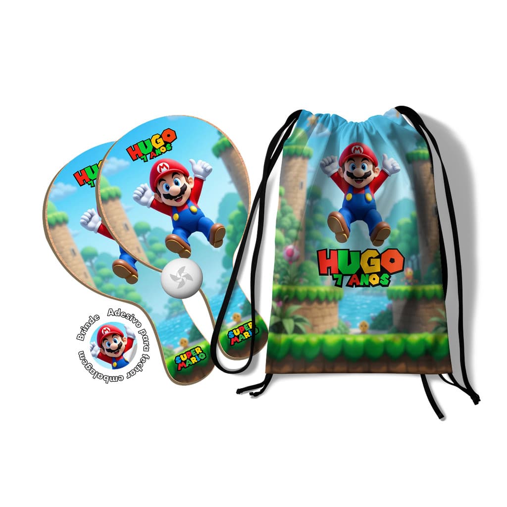 7/10/15/20/25 Kit Mochilinha e Raquetes Ping Pong -   Super Mario Bros
