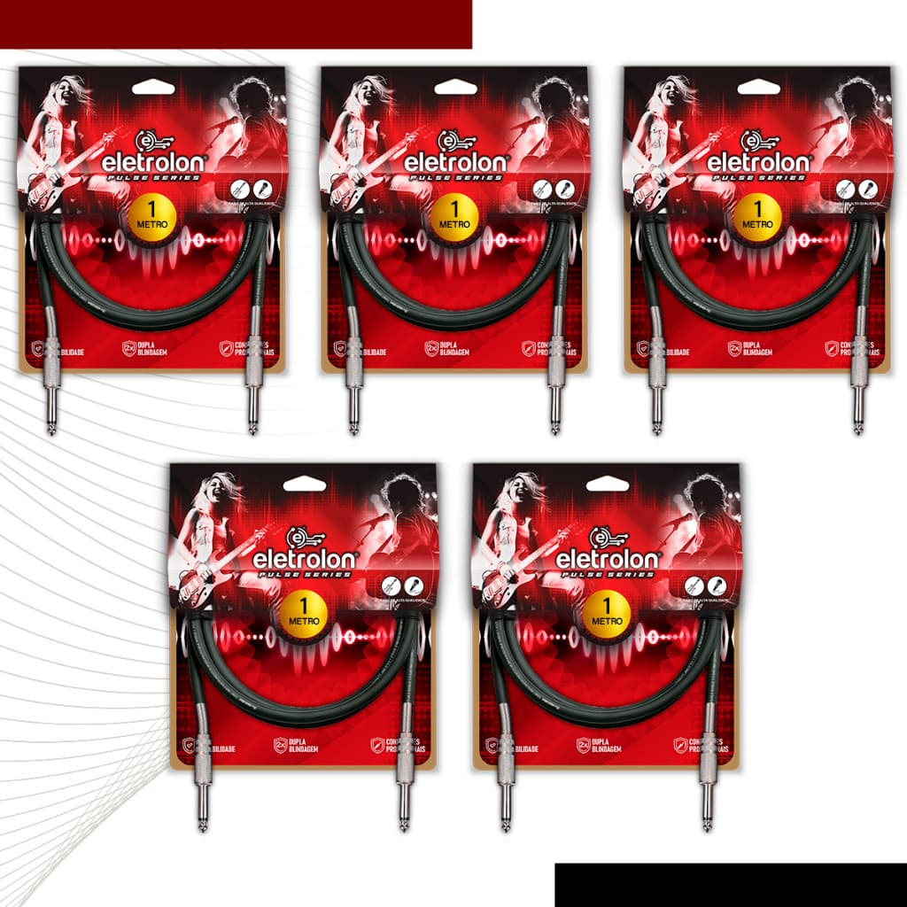 Kit 5 Cabo P10 Mono P10 Mono Para Violão Guitarra Baixo 1m Metro - Pulse Eletrolon