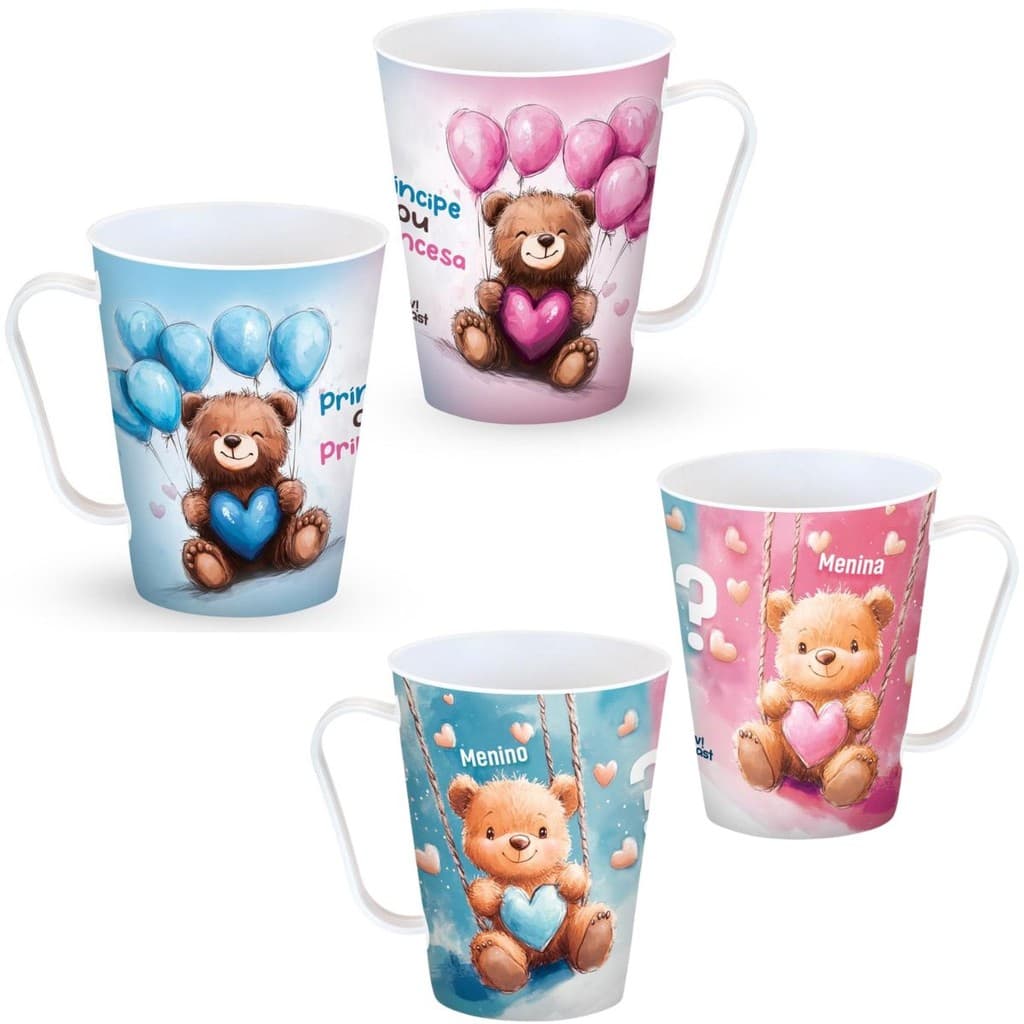 Kit 12 Canecas Plásticas 430ml Chá Revelação Bebê Rosa Azul
