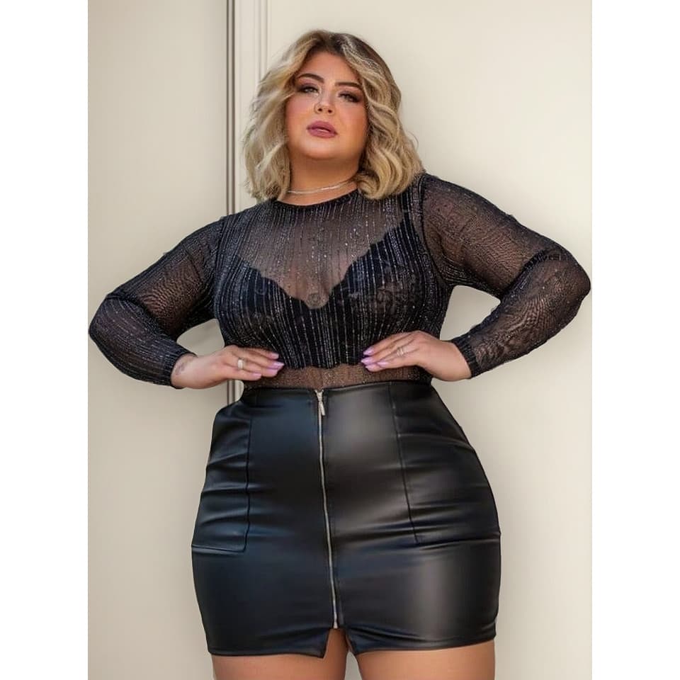 Conj Saia De Couro Body Tule Lurex Manga Longa Cropped Renda