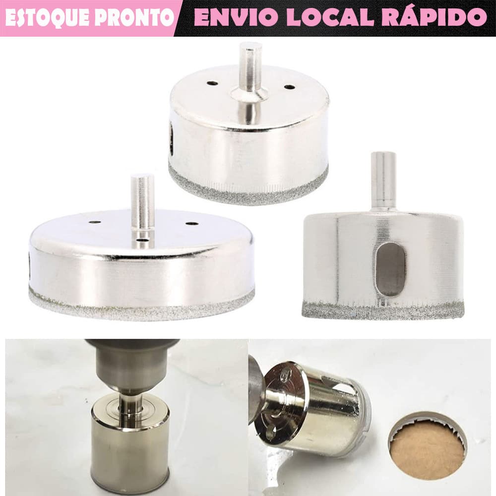 Jogo Broca Serra Copo Diamantada Porcelanato Vidro Espelho Marmore 3 Peças 50/60/100mm