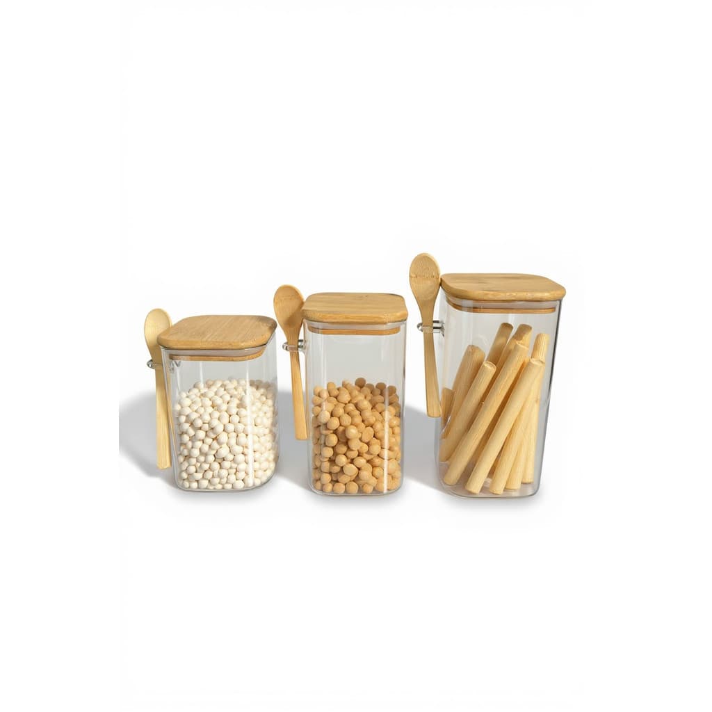 Potes Herméticos de Vidro Kit 3 unidades 1000+1200+1400ml Tampa de Bambu e Colher Porta Mantimentos