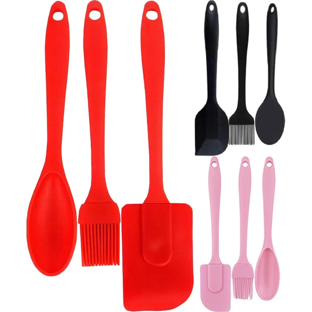 Kit Conjunto Utensilios Culinário 3 Peças Colher Pincel E Espátula De Silicone Profissional
