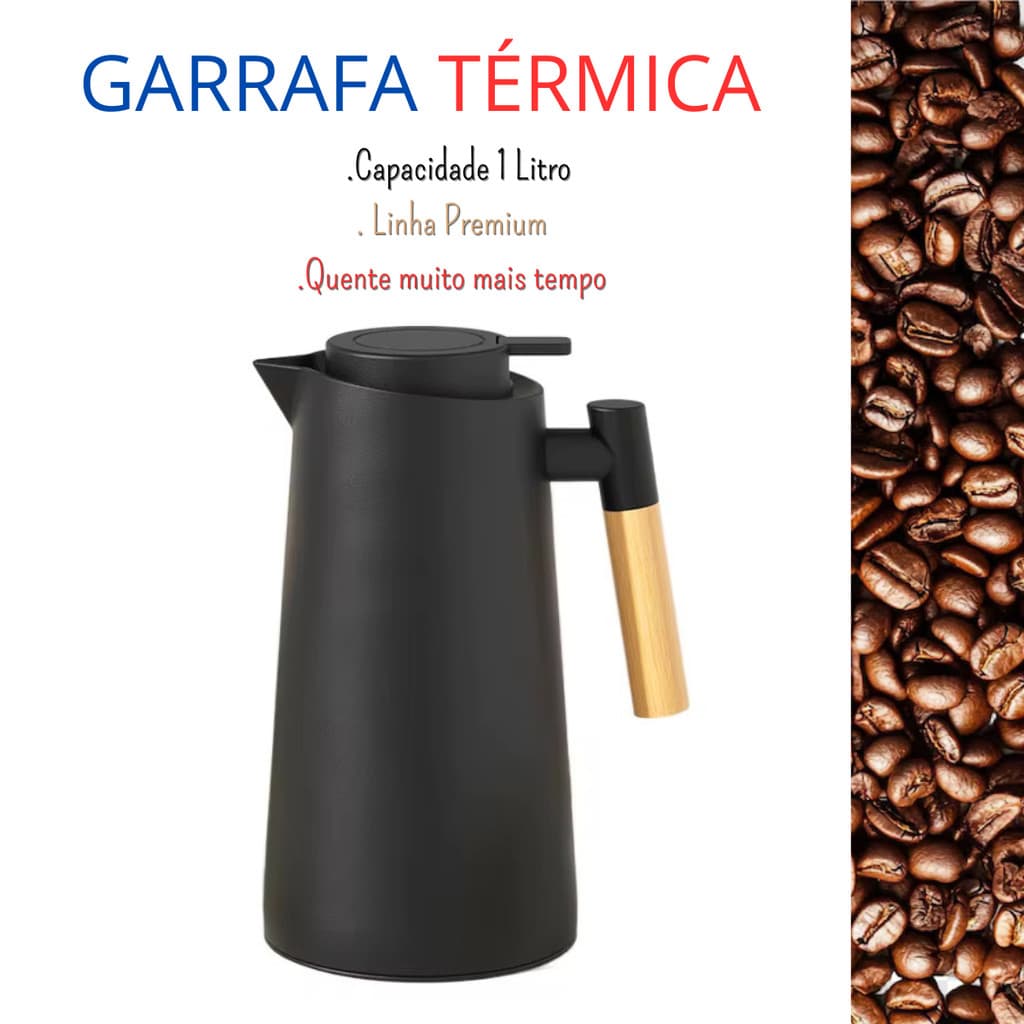 Garrafa Térmica de Café 1 Litro Preta Premium Cabo Madeira