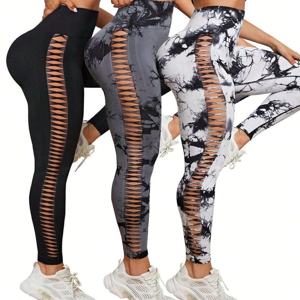 Calças de yoga sem costura com efeito tie-dye/leggings esportivas com recorte lateral e efeito levanta-bumbum