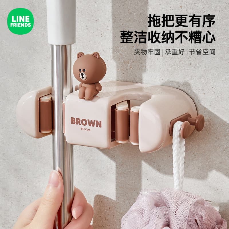 LINE FRIENDS Mop Clipe de parede perfurado Clipe de vassoura de vaso sanitário Gancho pegajoso Gancho de esfregão de ban