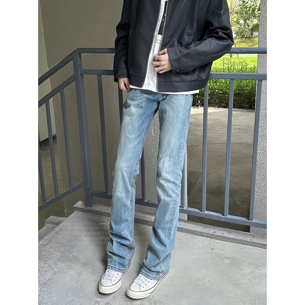 Calça Jeans reta lavada azul masculina verão alta virilha vibe calça americana high Street Stretch Slim fit calça Casual