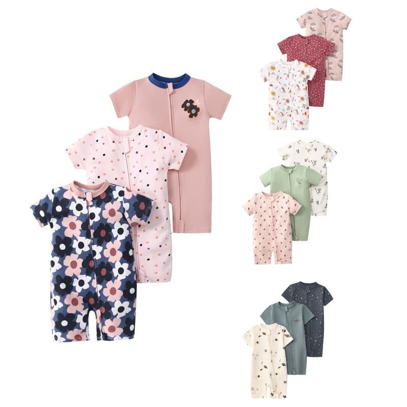 Lucky baby 3pc Zíper Bebê Menina Menino Roupas De Manga Curta Conjuntos De Verão 6-24M Macacão Recém-Nascidos