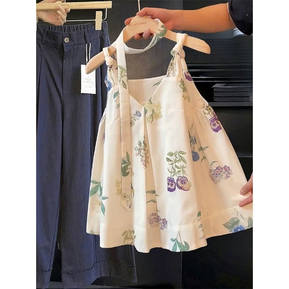 Seaside resort estilo doce floral com decote em V torção cam Seaside Férias estilo doce floral decote em V camisola com