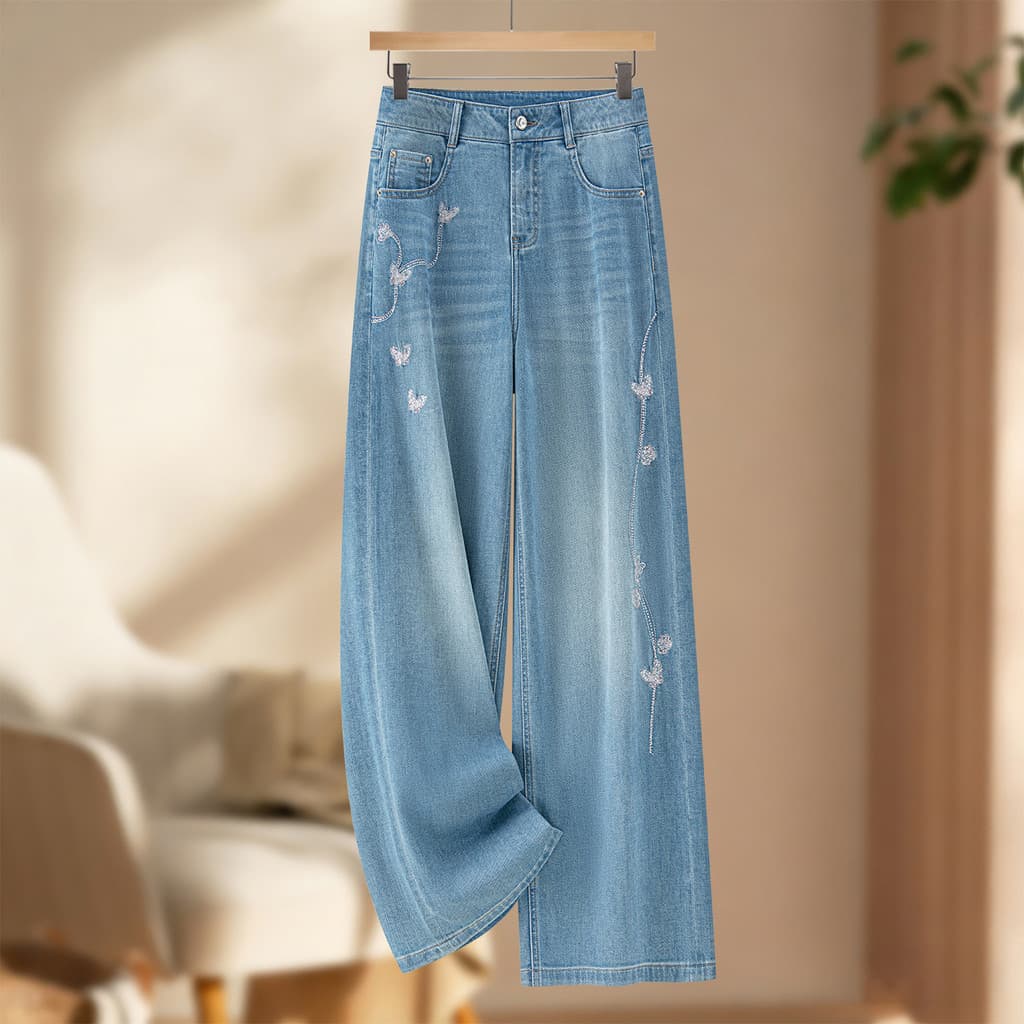 2026 novo estilo azul cintura alta borboleta bordado perna larga Jeans feminino verão estilo fino solto mais magro olhar