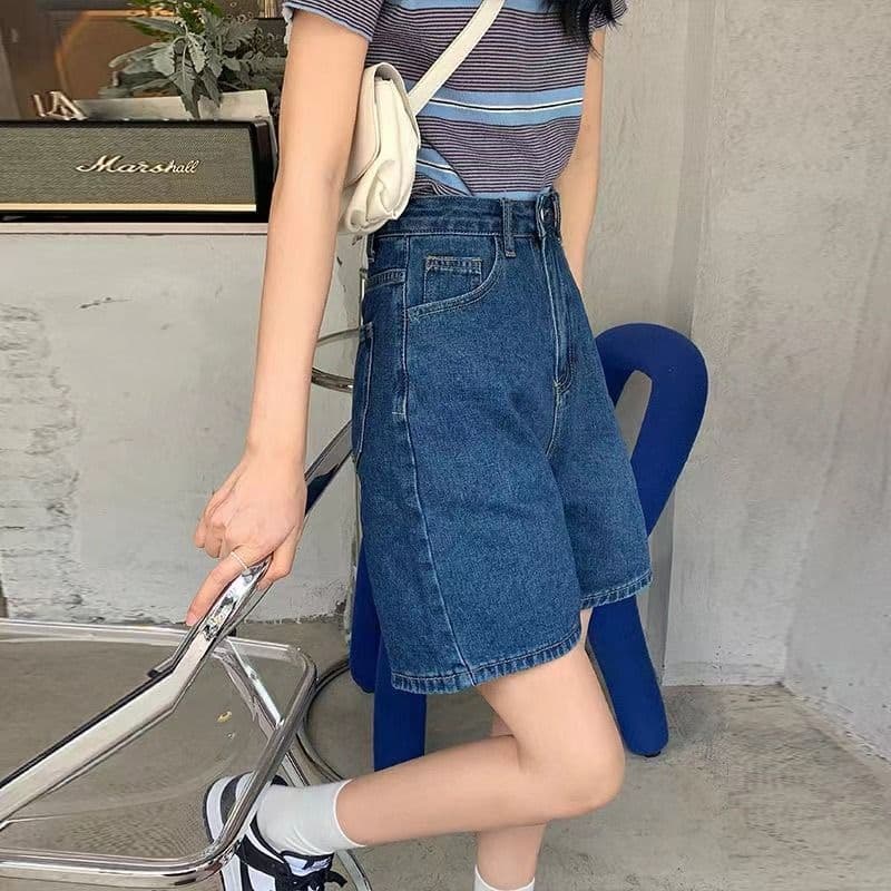 Shorts jeans de cintura alta feminino verão solto 2025 novo estilo a linha reta perna larga calças de cinco pontos estil