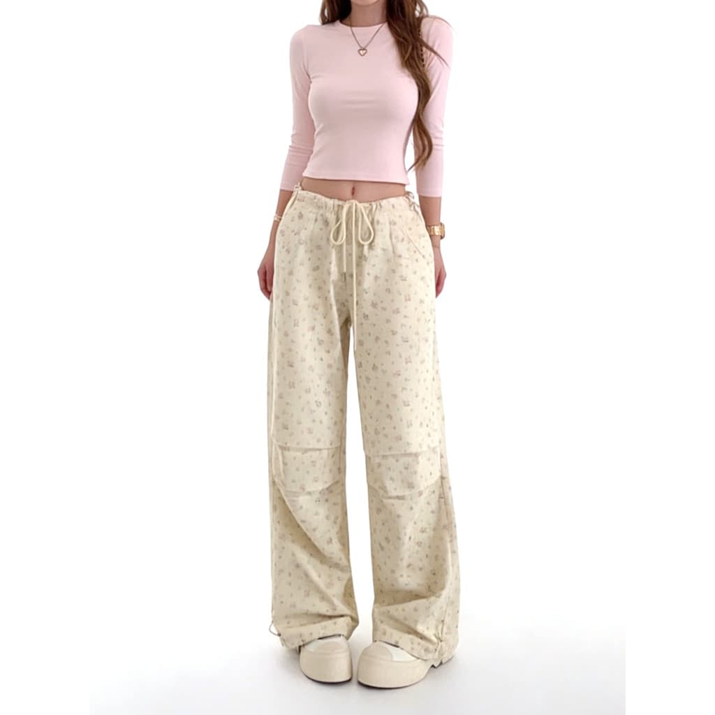 Estilo coreano Design impressão completa Floral macacão feminino 2026 verão novo estilo cintura alta solta Casual calças