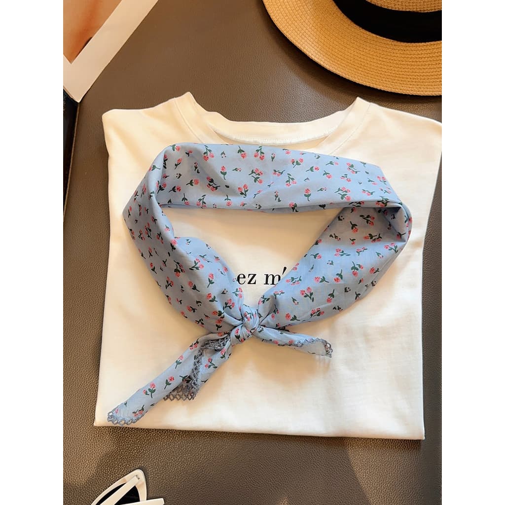 Francês elegante rosa puro algodão azul lenço de seda empilhamento Commuter pequeno lenço quadrado feminino verão fino p