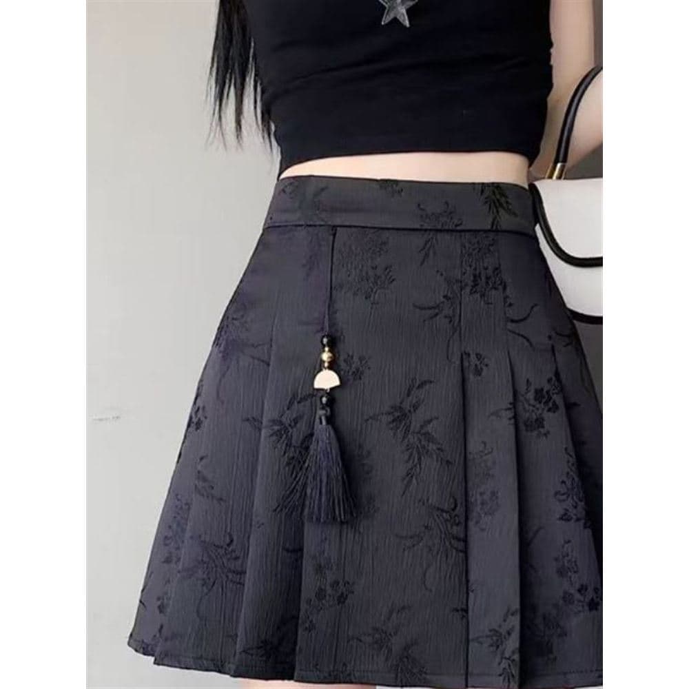 Verão temperamento preto a linha saia pequena nova saia chinesa feminina estilo chinês saia curta novo estilo saia pliss