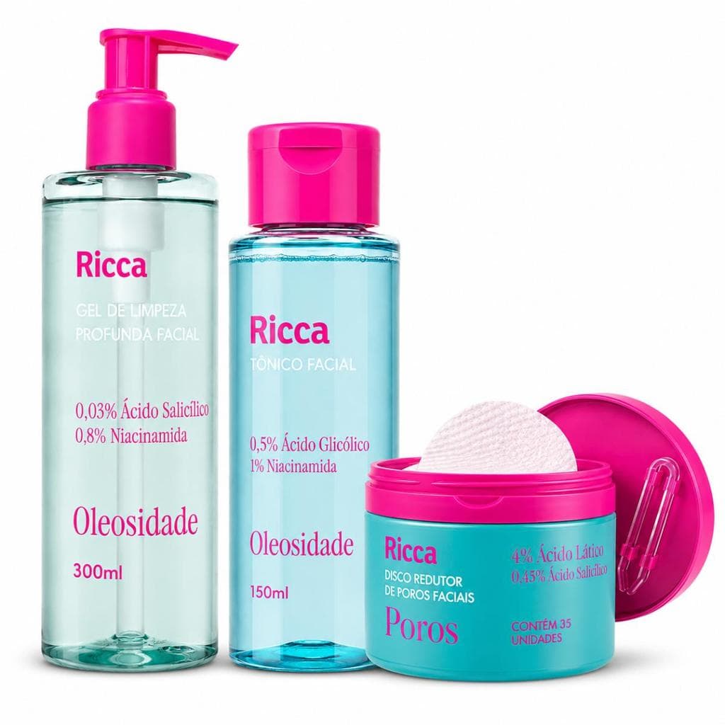 Kit Ricca Facial: Gel De Limpeza Profunda,Tônico Facial e Disco Redutor de Poros Faciais