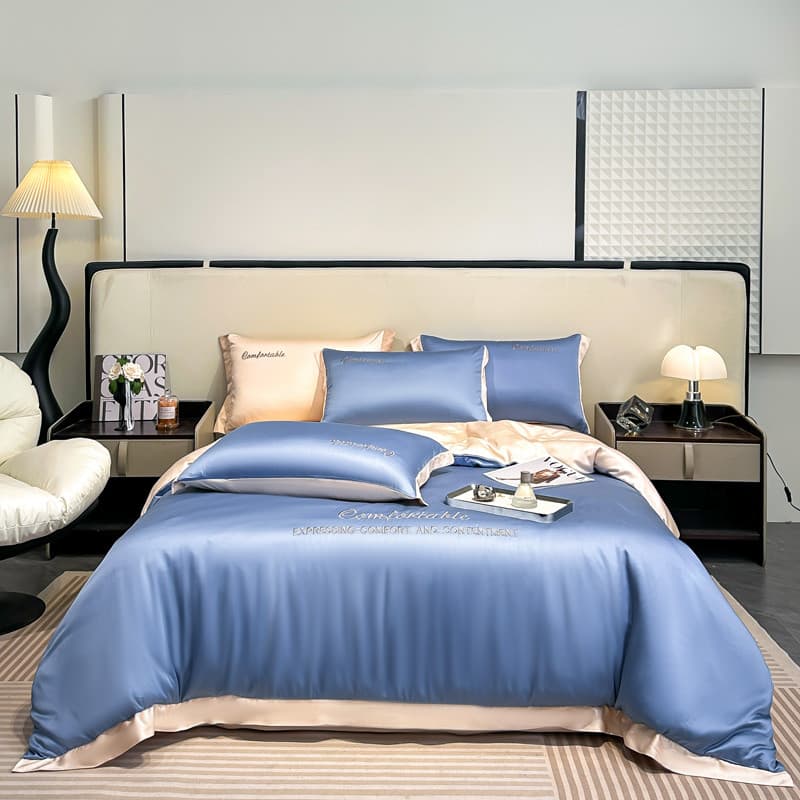 Luz estilo de luxo lavado seda suave nu dormir lençol de seda gelada capa de edredão conjunto de quatro peças High-End B