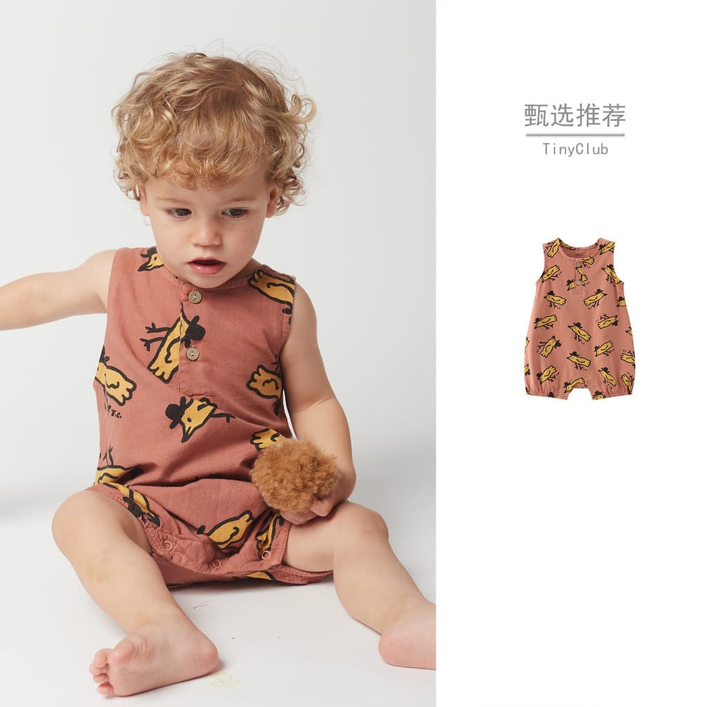 Verão estilo fino bebê colete macacão roupas de verão do bebê bonito impressão completa sem mangas macacão exterior Wear