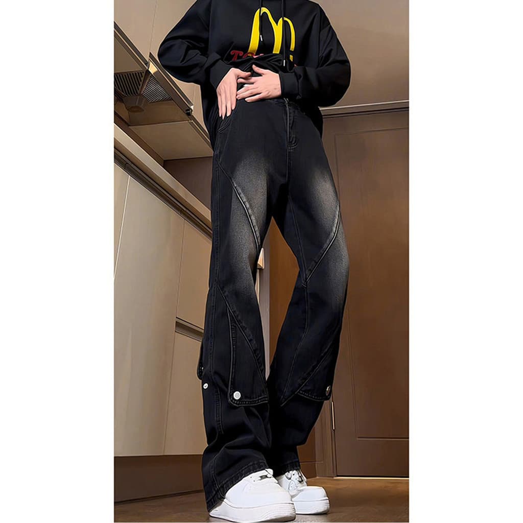 Preto costura americano macacão Jeans masculino americano hiphop calças High Street mais magro olhar levantar calças Mic