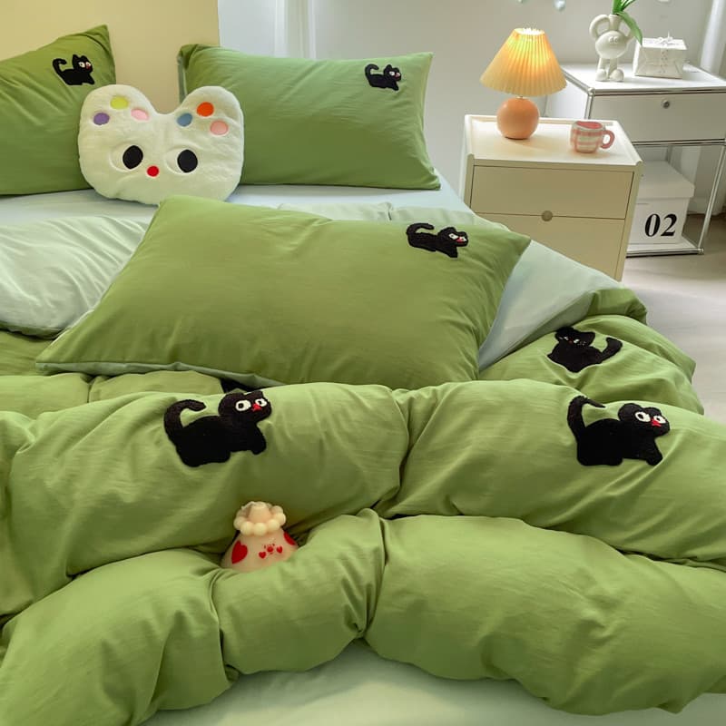 Pequeno gato preto fresco verde toalha bordada conjunto de quatro peças algodão lavado dormitório estudante colcha capa