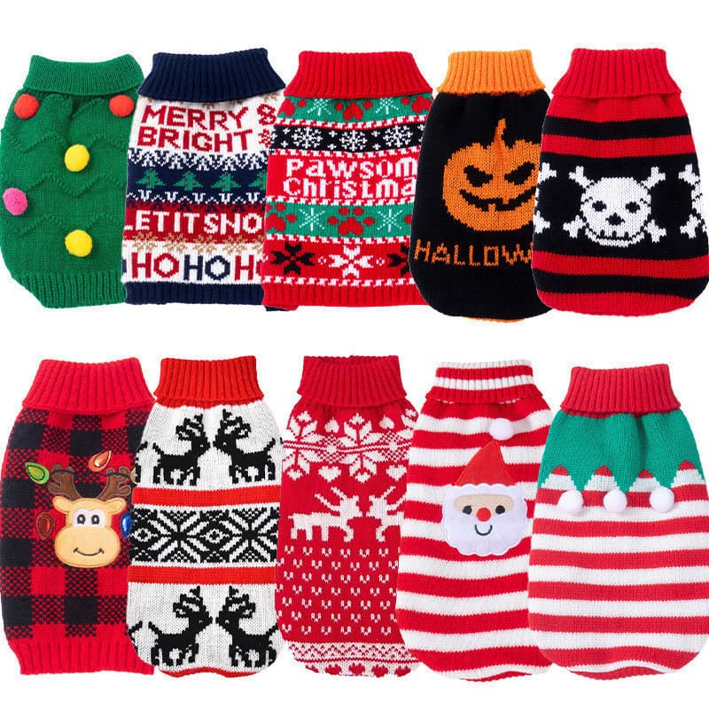 Suéter Festivo de Natal para Animais de Estimação – Roupas de Cachorro Tricotadas com Padrões de Papai Noel e Floco de N