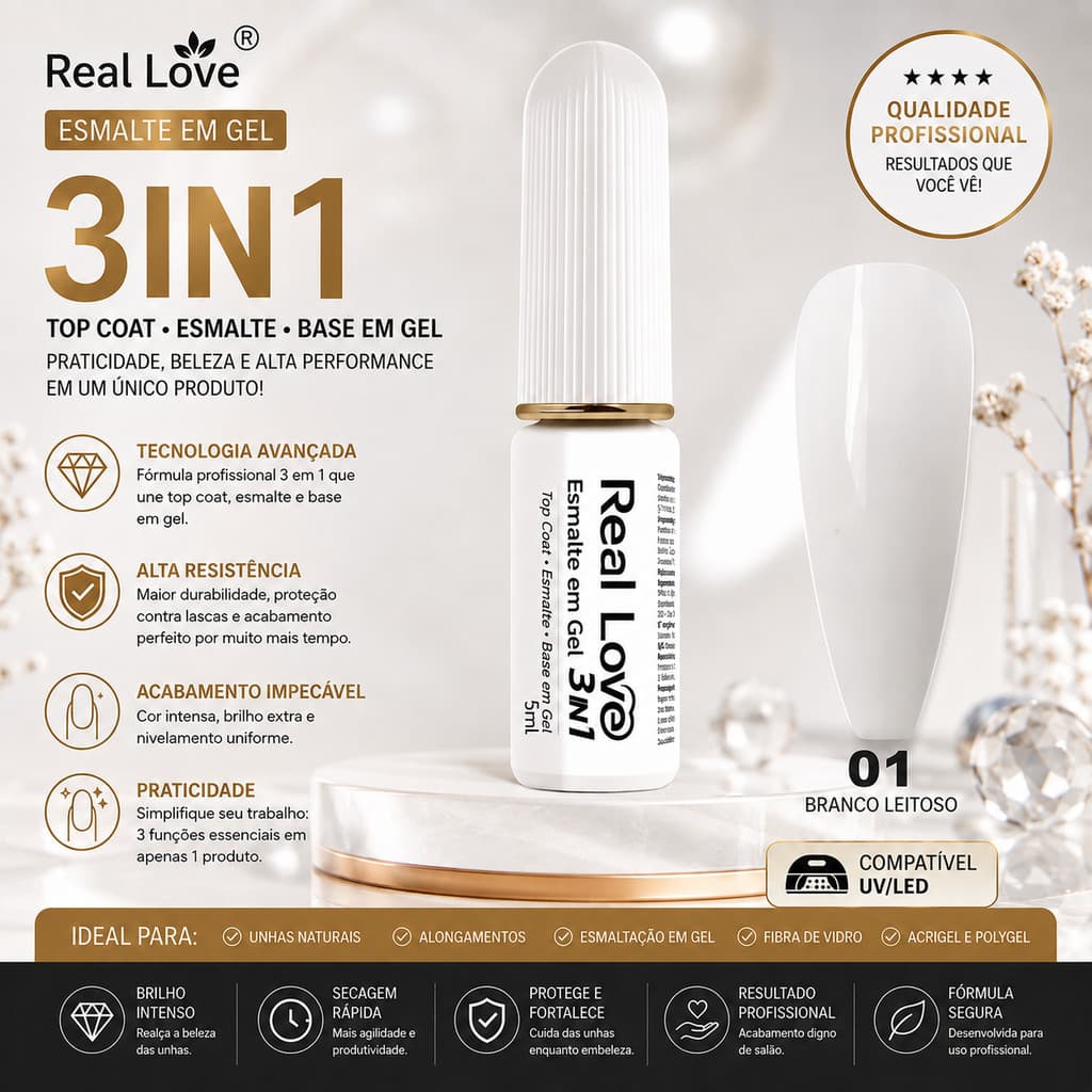 Esmalte em Gel 3 em 1 Branco Puro Real Love 5ml | Base + Cor + Top Coat UV/LED Alta Durabilidade