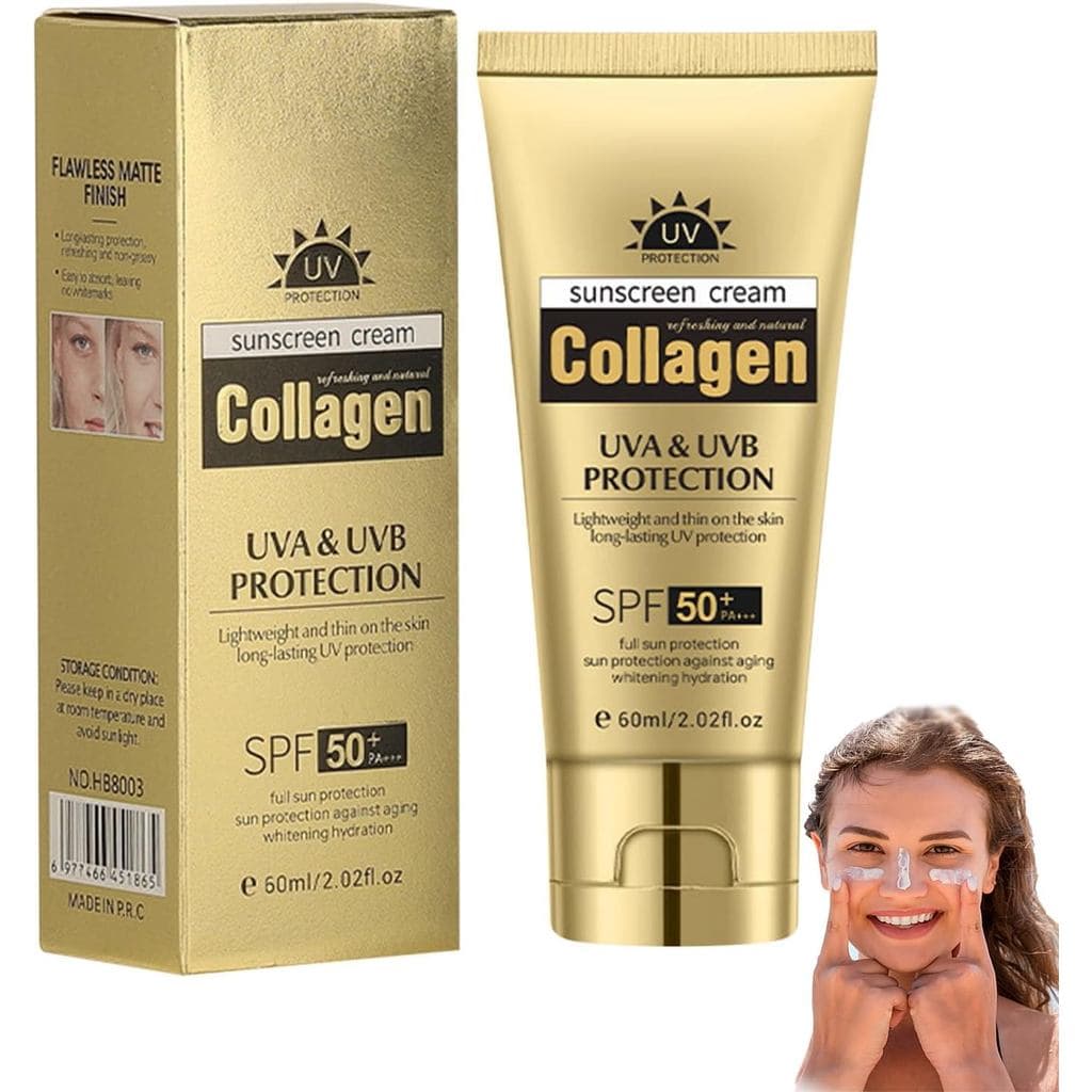 Protetor Solar com Colágeno SPF50+, Proteção de Amplo Espectro UVA/UVB com Colágeno para Peles Sensíveis, Não Oleoso e d