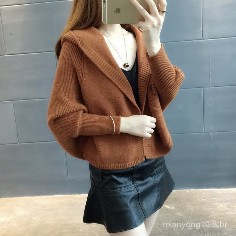 Cross-Border 2026 outono inverno novo estilo versão coreana solta manga morcego com capuz curto malha Cardigan xale jaqu