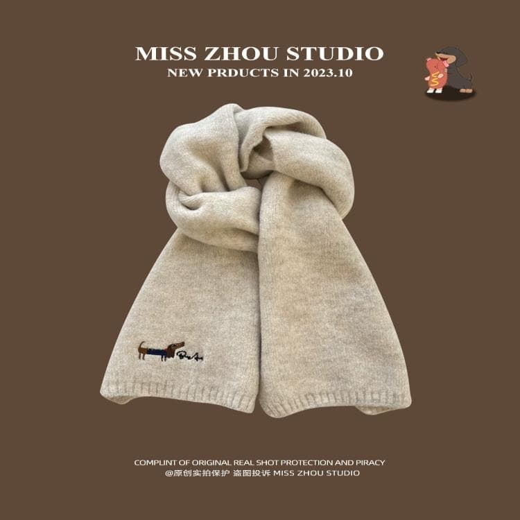 Estilo japonês bordado filhote de cachorro cor sólida cachecol de malha feminino outono inverno estudantes ciclismo quen