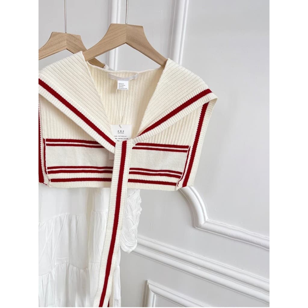 Versão coreana nicho Design estilo Preppy malha exterior xale feminino listras All-Match ins pequeno colete gola marinha