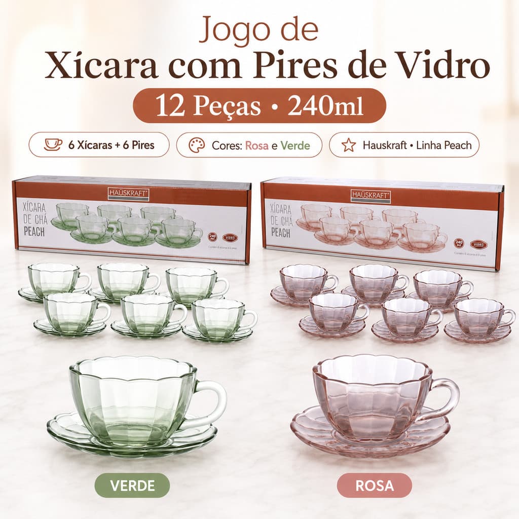 Jogo de Xícara Com Pires de Vidro 12 Peças 240ml Peach Hauskraft