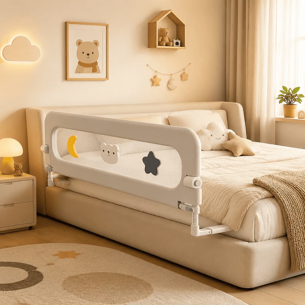 Grade de Cama Infantil Cinza com Tela de Segurança Dobrável e Altura Ajustável 120/150/180/200cm Brave Bull