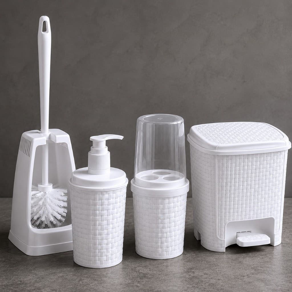 Kit Banheiro 4 Peças Rattan Branco Lixeira Porta Escova Saboneteira Organizador Luxo