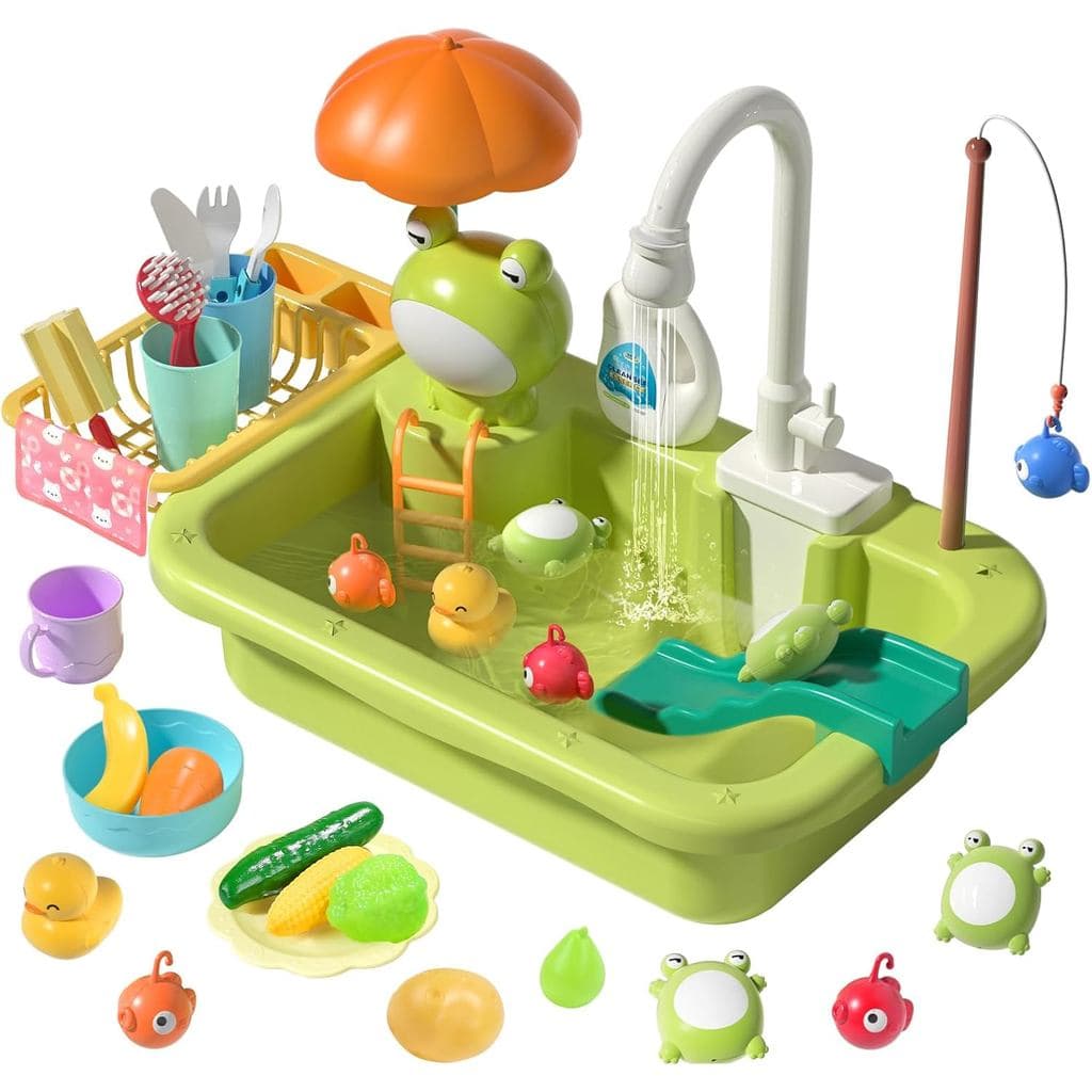 CUTE STONE Pia de Brincar com Água Corrente, Brinquedos de Pia de Cozinha com Torneira Elétrica Aprimorada, Acessórios d