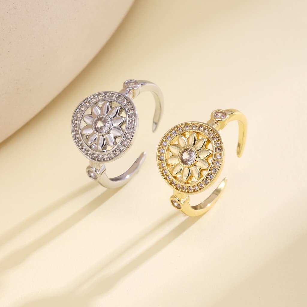 Anel Aberto De Girassol Vintage Com Cristal CZ , De Punho Ajustável Em Tom Dourado/Prateado , Elegante Floral Para Uso D