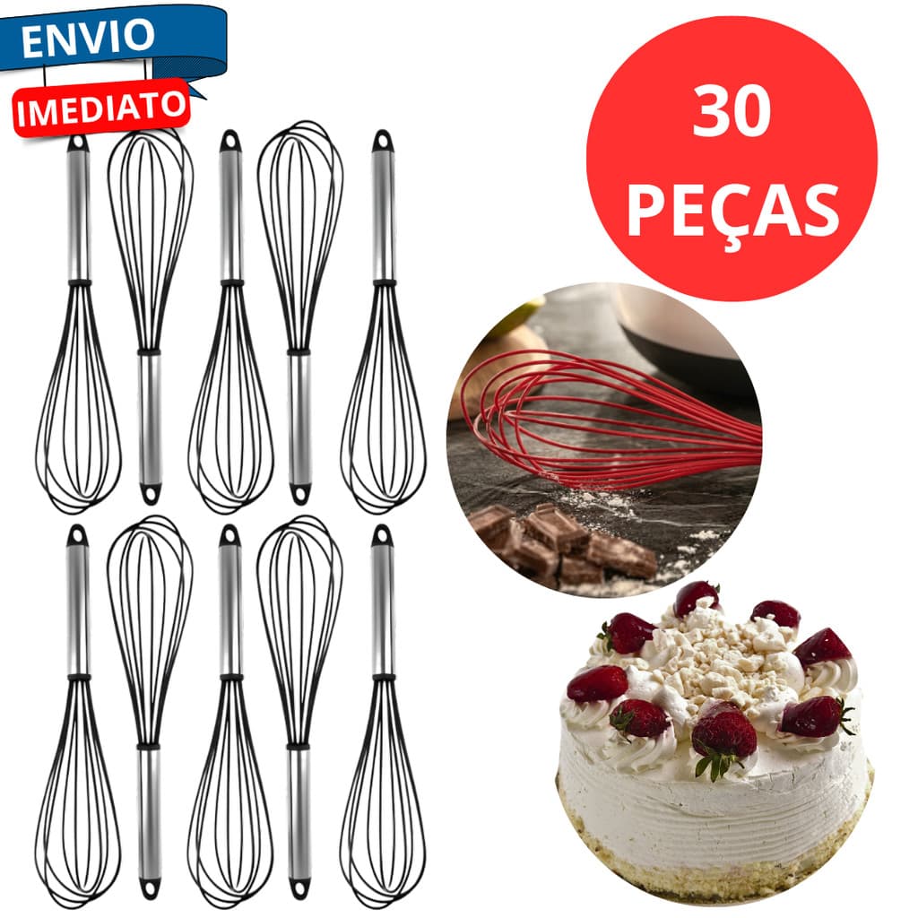 Kit 30 Batedor De Clara Fouet Fuê Manual Ovos Silicone Cabo Inox Alta Temperatura Quente Confeiteiro