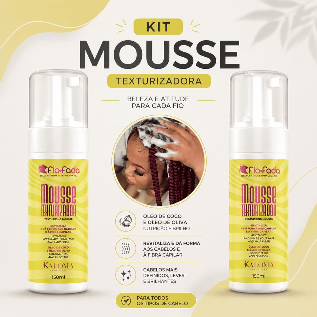 Kit 2 Mousses Texturizador Fio de Fada 150ml Espuma Capilar Definição Tranças Anti Frizz