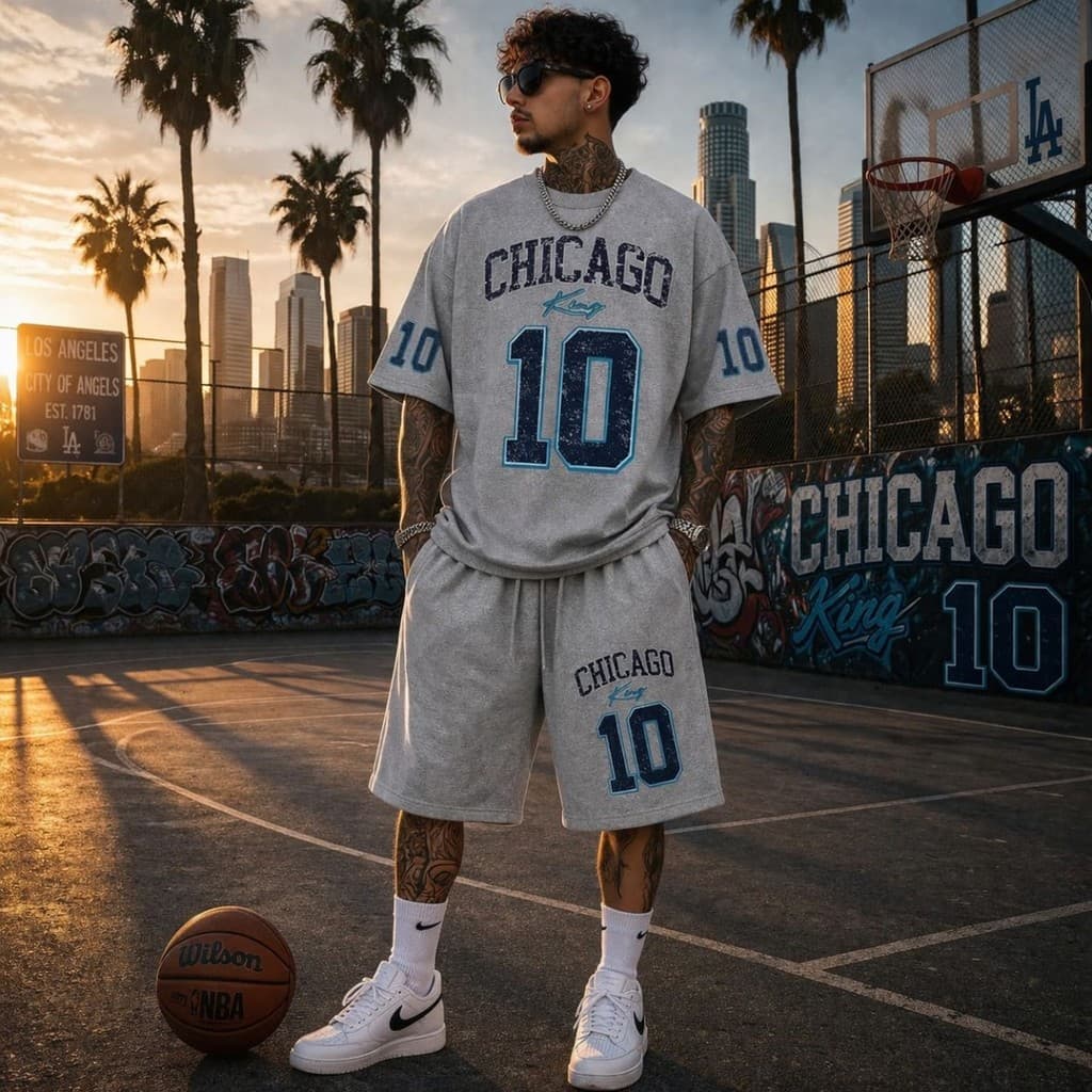 Kit Conjunto Camiseta Algodão E Bermuda Moletom Streetwear Chicago 10 Premium