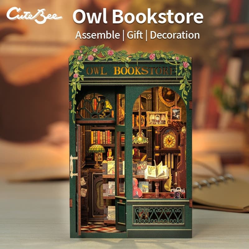 CUTEBEE OWL Book Nook Livraria DIY Casa Miniatura 3D Puzzle Brinquedo Decorativo com Luz para Estante Biblioteca Modelo