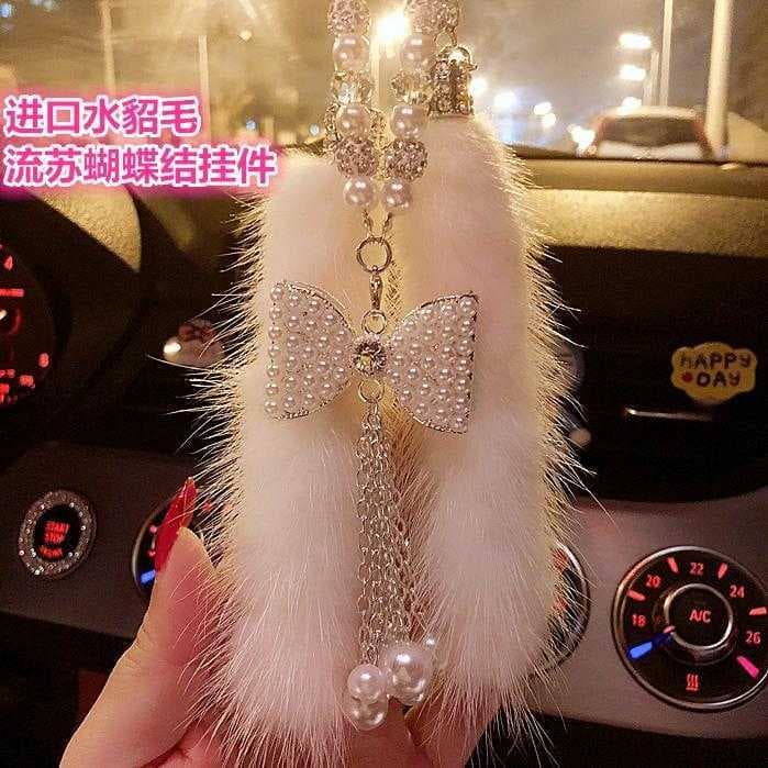 Importado vison cabelo carro arco pingente pingente de segurança charme decoração do carro High-End espelho retrovisor p