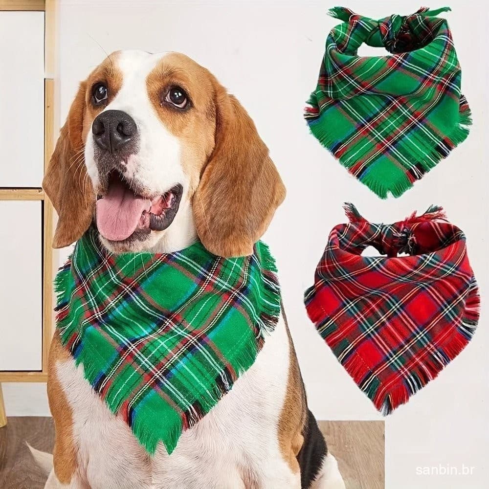 Bandana Triângulo Xadrez Festivo-Bandanas para Cães Pequenos a Médios com Borla, Acessórios para Pet Natal, Lenço Ajustá