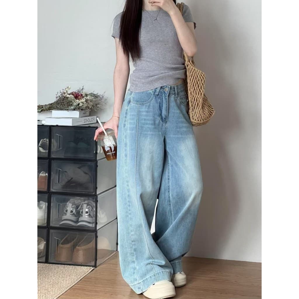 Retro Denim calças de perna larga feminina primavera novo estilo tamanho grande gordura mm solto mais magro olhar forma
