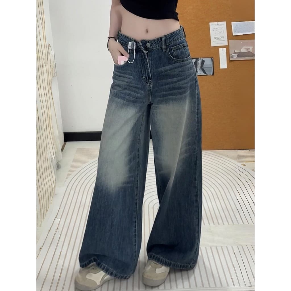 Tamanho grande Retro cintura alta perna larga Jeans feminino 2026 primavera gordura mm Design solto mais magro olhar em