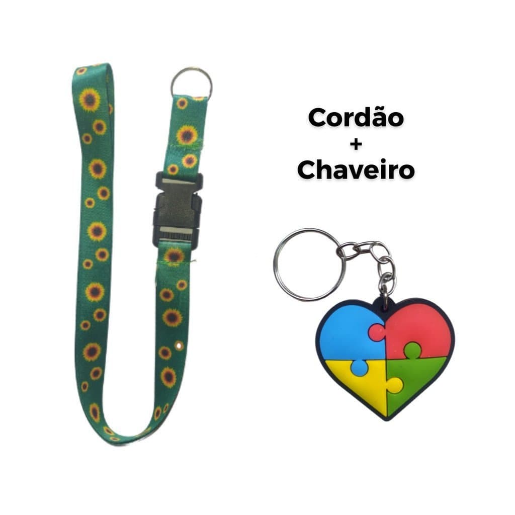 Kit Chaveiro Cordão Moto Pescoço Fecho Engate Rápido Crachá Autista/TEA Girassol + Chaveiro Emborrachado Símbolos Quebra