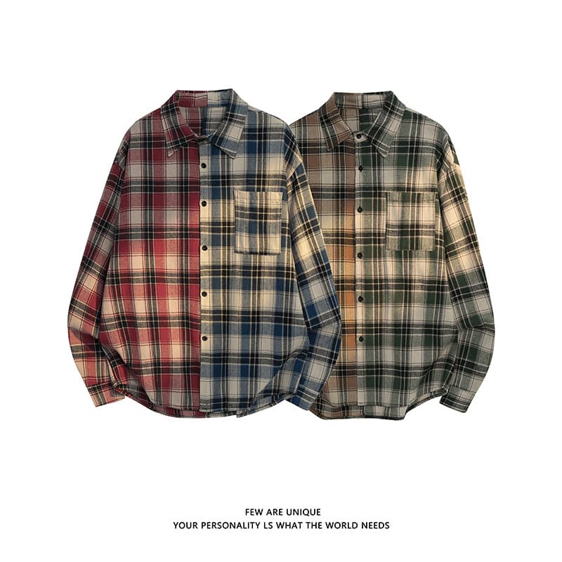 Camisa masculina vermelha azul contraste cor costura xadrez de manga comprida solta ombro grande Micro-elástico médio gr