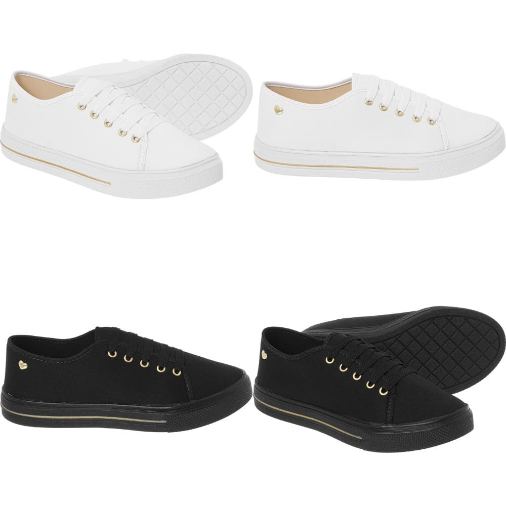 Kit 2 Tênis Feminino Pingente Coração sapato Casual Confortável Branco e Preto