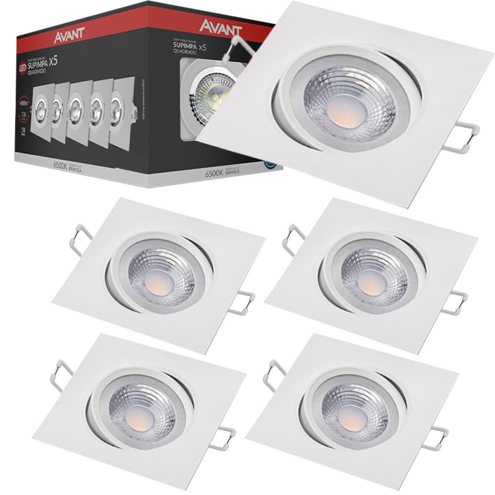 5 Luminária Spot Led De Embutir 5w Quadrado Luz Branca Direcionável 110v 220v Avant